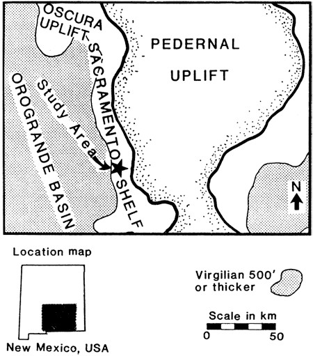 Study area in on Sacremento Shelf, west of Pedernal Uplift and east of Orogrande Basin, in south-central New Mexico.