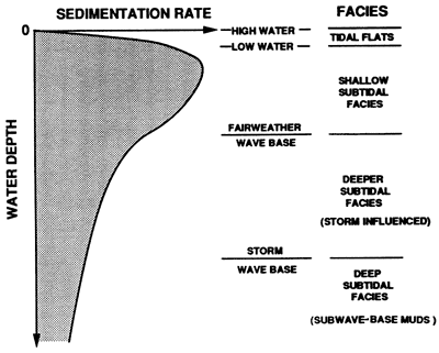 Facies expected for different sedimentation rates and water depths.