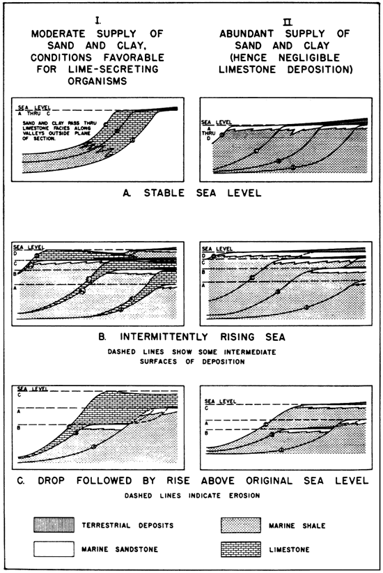 Six cross sections show how supply of sand and clay and sea level changes create deposition patterns.