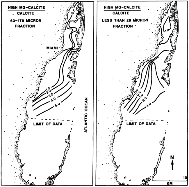 Two maps showing size fractions of calcite composition, Biscayne Bay.