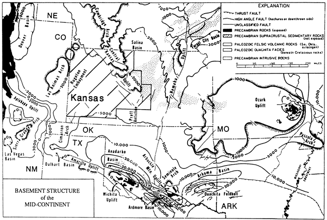 Structures and Precambrian configuration in Kansas and surrounding states.
