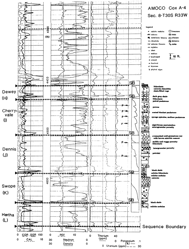 Wireline logs for Amoco Cox A-4; from top, Dewey, Cherryvale, Dennis, Swope, and Hertha.