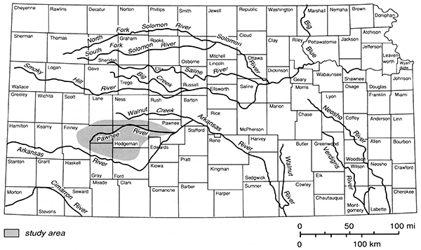 Study area in southwest Kansas, mostly in Finney, Hodgeman, and Pawnee counties.