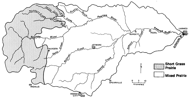 Generalized vegetation map of the Pawnee River basin; Short Grass Paririe in western quarter, Mixed Prairie in eastern three-quarters of study area.