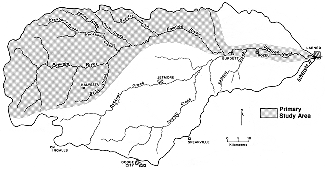 Primary study area within the Pawnee River basin along main river channel and to northern creeks.