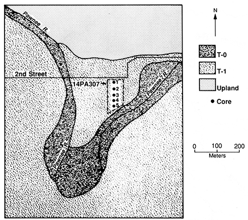 Landform map of locality PR-1 showing location of site 14PA307 and coring sites.