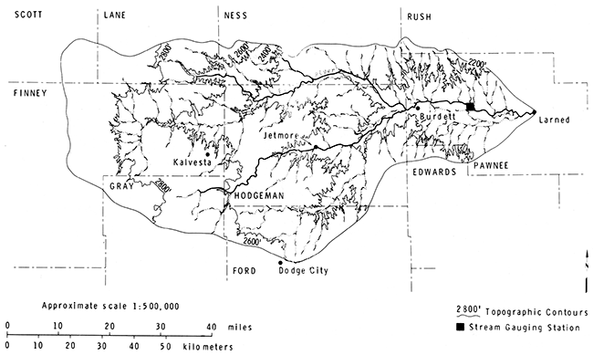 Pawnee River basin and county boundaries and relief. Stream gauging station between Burdett and Larned.