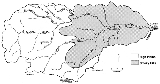 Pawnee River drainage basin and physiographic regions; Smoky Hill most east of Jetmore, High Plains to west.