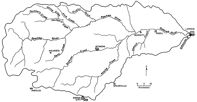 Pawnee River drainage basin and major tributaries; Buckner and Sawlog creeks to south, Hackberry to north.