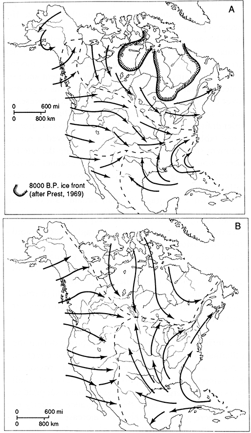 Dominant air-flow patterns in North America during the Holocene.