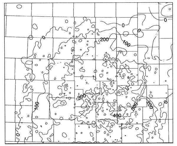 Total net salt isopach of the Hutchinson Salt Member of the Wellington Formation in Kansas.