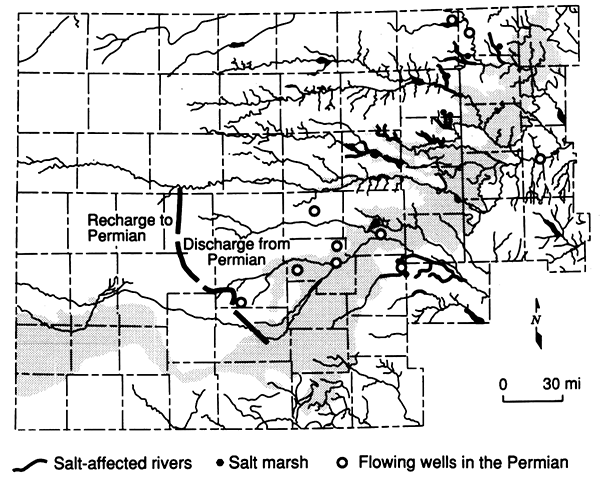 Map showing the occurrence of salt marshes, flowing wells, and areas of saltwater intrusion into streams all from natural sources in central Kansas.