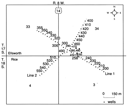 CDP-number location map of Janssen sink seismic lines in Ellsworth County.