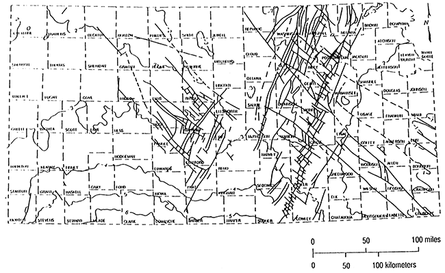 Generalized fault patterns in the Precambrian basement of Kansas as derived from subsurface studies.