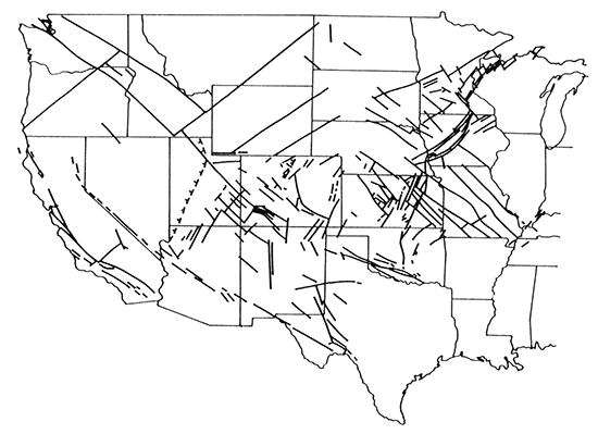 Map of the western United States showing locations of some of the most significant fault zones and lineaments in the Precambrian basement.