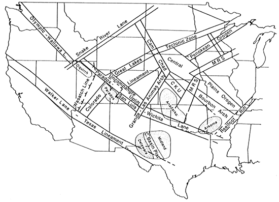 Summary map showing generalized basement structural zones of fig. 5, and the names applied to these continental-scale trends.