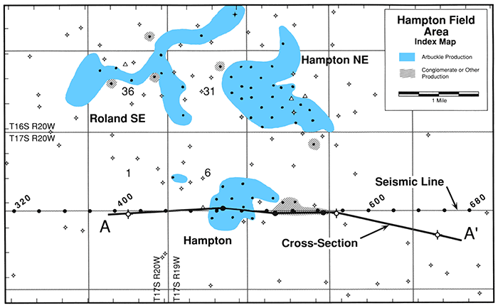 Index map of Hampton field area, showing the area of oil production from both the Arbuckle and basal Cherokee conglomerate.
