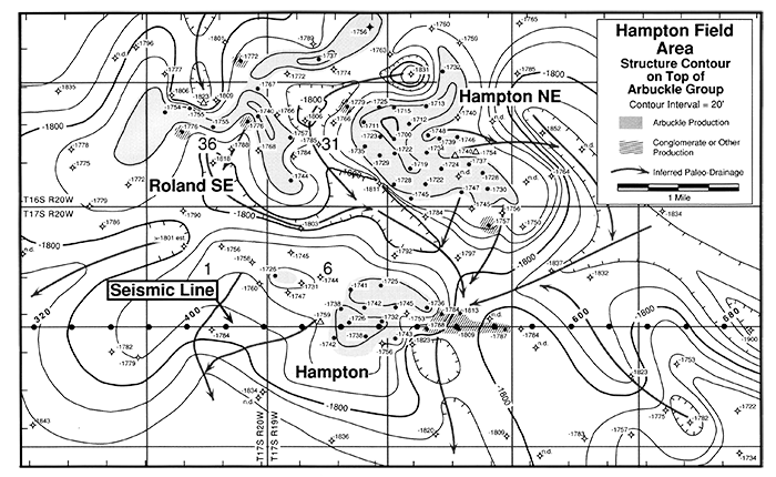 Structure contours on top of Arbuckle Group in the area of Hampton field.