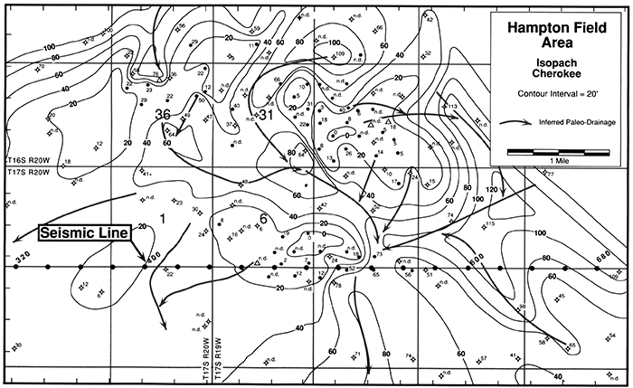 Cherokee isopach in the area of Hampton field.