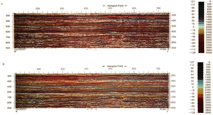 Uninterpreted and interpreted, reverse-polarity, vibroseis seismic profile across the Hampton field.