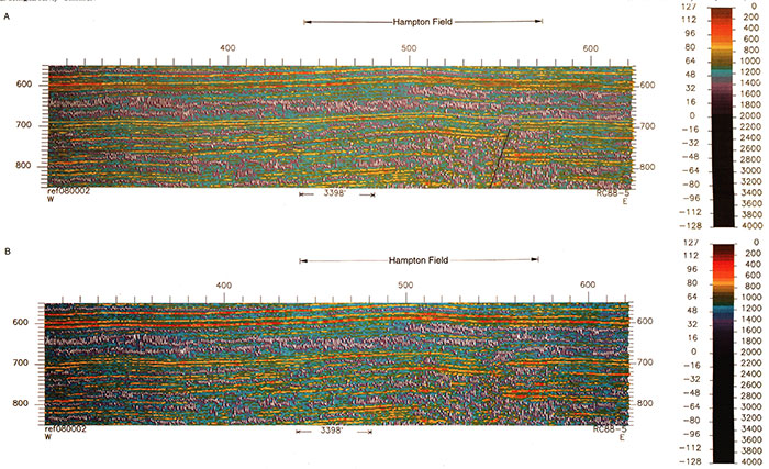 Uninterpreted and interpreted reflection-strength display of the same seismic data as presented in fig. 8.