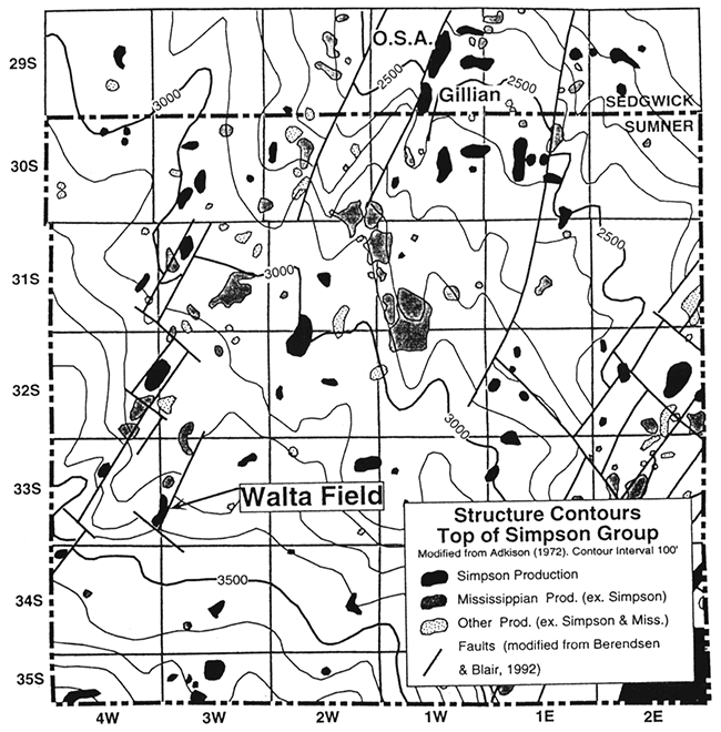 Structure contour map on top of Simpson Group in Sumner County and adjacent areas.