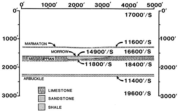 Idealized geologic and velocity model.