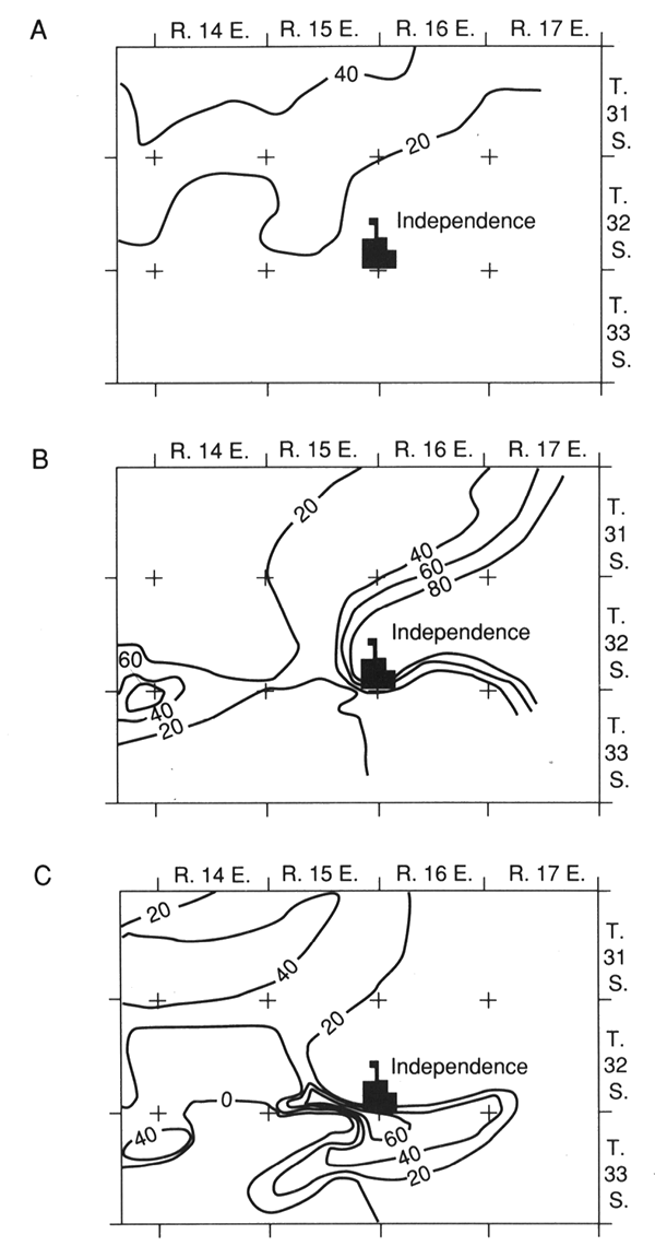 Maps of Montgomery County showing thickness of the Winterset Limestone, Cherryvale Shale, and Drum Limestone.