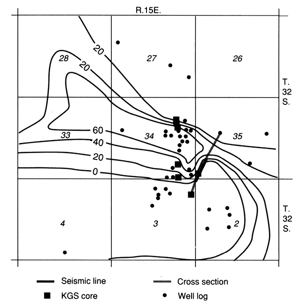 Map of study area showing thickness of Drum Limestone in feet.