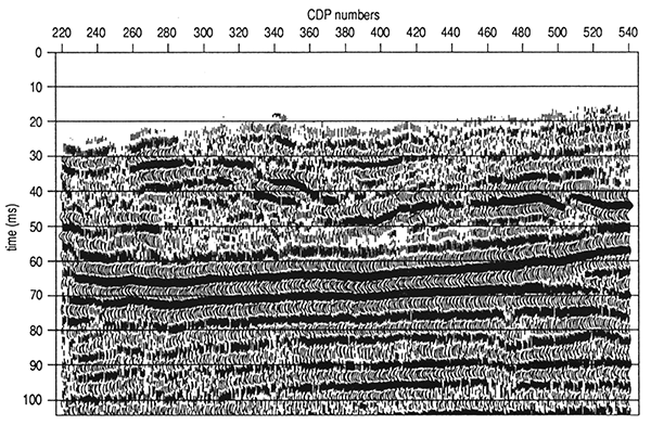 Uninterpreted and interpreted high-resolution seismic line.