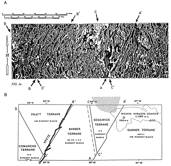 Top: Banded contours of residual magnetic map of part of south-central Kansas. Bottom: Names are given for the various Precambrian terranes that are separated by the indicated sutures.