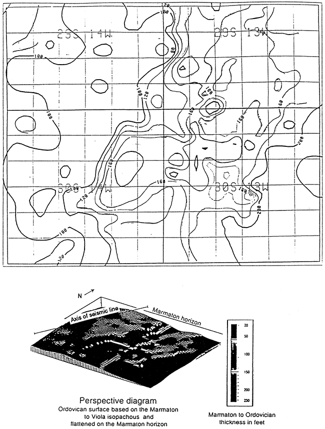 Isopach map of Marmaton-Viola and Perspective diagram of Ordovician surface.