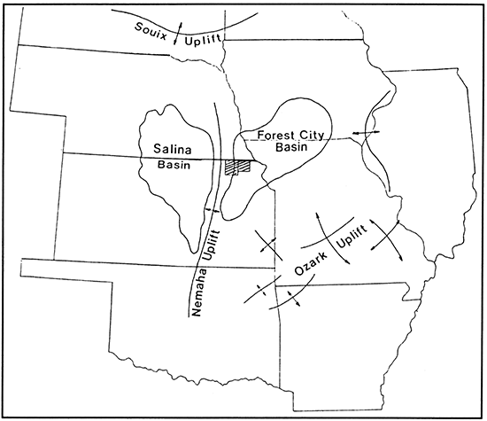 Forest City basin and regional tectonic features.