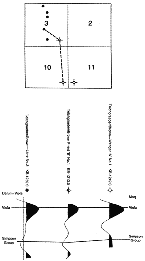 Synthetic seismic profile illustrating contrast between reservoir/nonreservoir rock and fluid material.