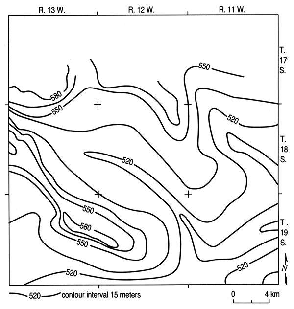 Contour map of the bedrock surface.