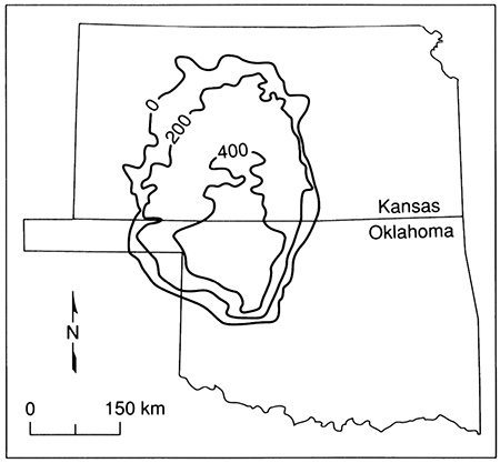 Areal extent and thickness of Hutchinson Salt Member.