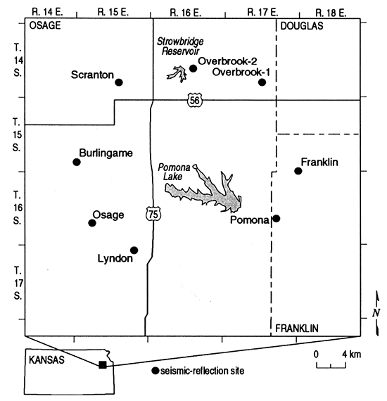 Site map of study area with the eight seismic-profile locations indicated.
