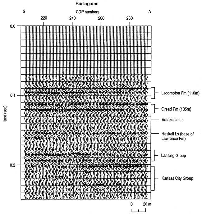 Interpreted 12-fold seismic-reflection profile approximately 5 mi (8 km) northwest of Overbrook, Kansas.