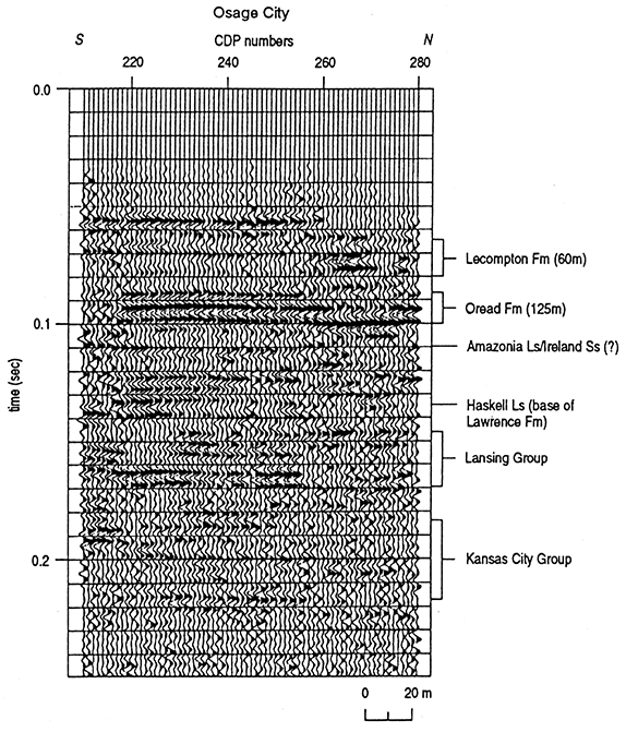 Interpreted 12-fold seismic-reflection profile 1 mi (1.6 km) east of Osage City, Kansas.