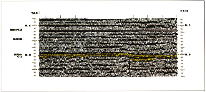 Portion of seismlc line 110 replotted and flattened on the Pennsylvanian Wabaunsee (Stotler Limestone).