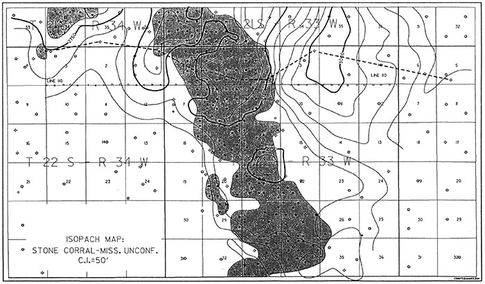 Isopach from the Permian Stone Corral (Cimarron) anhydrite to the Mississippian unconformity.