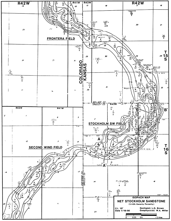 Isopach map, net Stockholm sandstone.