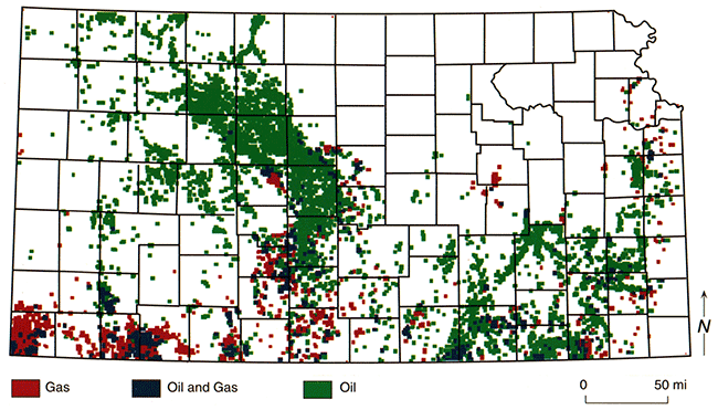 Distribution of petroleum production from Pennsylvanian rocks in Kansas.