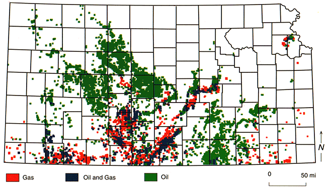 Distribution of petroleum production along the basal Pennsylvanian angular unconformity in Kansas.