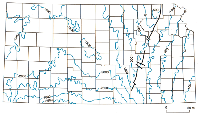 Subsea depth of basal Pennsylvanian unconformity in Kansas.