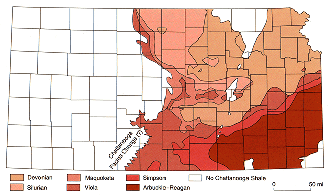 Paleogeologic map of units subcropplng below the Chattanooga Shale in Kansas.