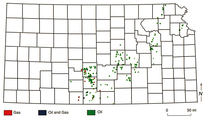 Distribution of petroleum production from Middle and Upper Ordovician strata in Kansas.