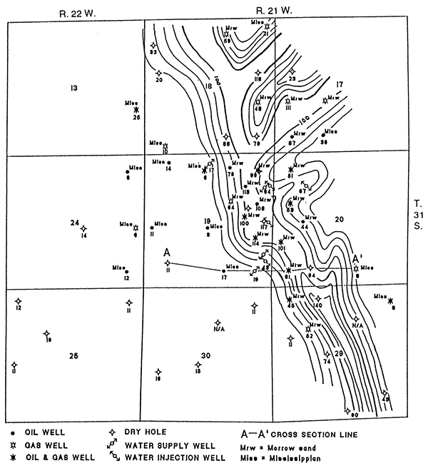 Isopach map, base Inola to top Mississippian.