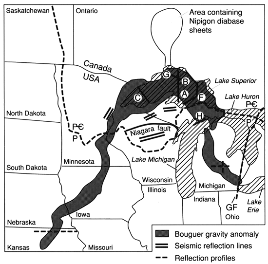 Map showing location of the positive bouguer gravity anomaly produced by rocks of the midcontinent rift and some major geologic features of the region.
