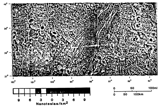 Second vertical derivative of reduced-to-the-pole total intensity magnetic anomaly map of Kansas.